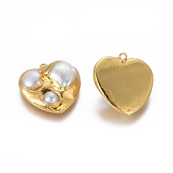 Golden Natural Cultured Freshwater Pearl Pendants, with Brass Findings, Heart, Golden, 28x26x9~11mm, Hole: 1.8mm