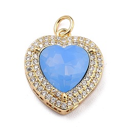 Cornflower Blue Eco-Friendly Brass Micro Pave Cubic Zirconia Pendants, with Faceted Glass & Jump Ring, Real 18K Gold Plated, Long-Lasting Plated, Heart, Cornflower Blue, 19x16.5x6.5mm, Jump Ring: 5x0.7mm, Inner Diameter: 3.6mm