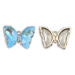 Светло-Голубой Гальваника k 9 стеклянные подвески, с фурнитурой из латуни с покрытием из светлого золота и прозрачным кубическим цирконием, без кадмия и без свинца, граненые, бабочка, Небесно-голубой, 20x27x5 мм, отверстие : 2 мм