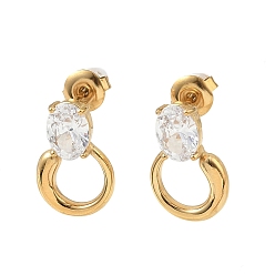 Ring 304 Серьги-гвоздики из нержавеющей стали с прозрачными кубическими циркониями, золотые, кольцо, 17x11 мм