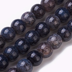 Prussian Blue Crackle Glass Beads Strands, Round, Prussian Blue, 8~8.5mm, Hole: 1mm, about 48pcs/strand, 14.7 inch(37.5cm)