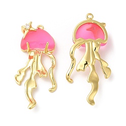 Hot Pink Resin Imitation Jelly Pendants, Jellyfish Charms with Rack Plating Real 18K Gold Plated Brass Findings, Cadmium Free & Lead Free, Long-Lasting Plated, Hot Pink, 45x21.5x9.5mm, Hole: 1.6mm