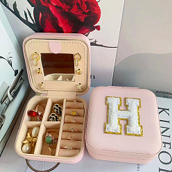 Letter H Letter Imitation Leather Jewelry Organizer Case with Mirror Inside, for Necklaces, Rings, Earrings and Pendants, Square, Pink, Letter H, 10x10x5.5cm