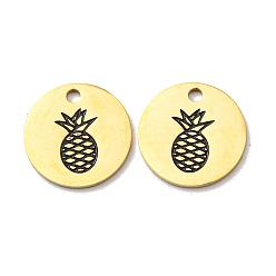 Real 14K Gold Plated 304 Stainless Steel Charms, with Enamel, Flat Round with Pineapple Pattern Charms, Real 14K Gold Plated, 12x1mm, Hole: 1.5mm