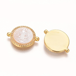 Golden Brass Micro Pave Cubic Zirconia Links connectors, with Shell and Jump Ring, Flat Round with Saint Benedict, Clear, Golden, 15x20x3mm, Hole: 1.2mm