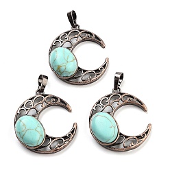 Синтетическая Бирюза Синтетические бирюзовые подвески, с красной медью, луна, 34x30x9~9.5 мм, отверстие : 5x8 мм