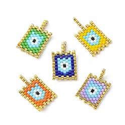 Mixed Color Handmade MIYUKI Japanese Seed Loom Pattern Seed Beads, Rectangle with Evil Eye Pendants, Mixed Color, 20~22x12~12.5x2mm, Hole: 2.5mm