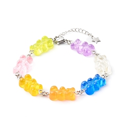Colorful Bear Resin Link Bracelets, with 304 Stainless Steel Findings , Colorful, 7-1/2 inch(19cm)