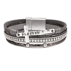 gray Bohemian Style Cross Bracelet with Magnetic Clasp - Luxurious, Micro Inlaid Diamond, PU Leather.