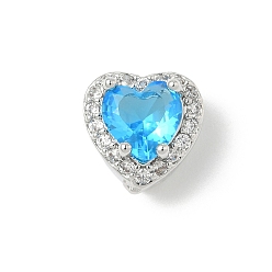 Темно-Голубой Латунные бусины, сердце, с микропаве из кубического циркония и кристаллического циркония, без кадмия и без свинца, мар, платина, глубокое синее небо, 9x10x7 мм, отверстие : 2/3x2 мм