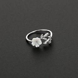 Platinum Crystal Rhinestone Flower of Life Open Cuff Ring, Brass Jewelry for Women, Platinum, US Size 8(18.1mm)