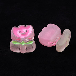 Pink Transparent Acrylic Beads, with Enamel, Frosted, Tulip Flower, Pink, 24.5x20x9mm, Hole: 3mm
