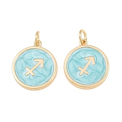 Sagittarius Brass Enamel Pendants, Flat Round & Constellation Charms, Rack Plating, Long-Lasting Plated, Cadmium Free & Lead Free, Golden, Sagittarius Charms, 17.5x15x2mm, Hole: 3mm