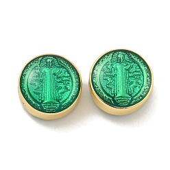 Зеленый лайм Стойки покрытие латунь эмаль бисер, без кадмия и без свинца, реальный 18 k позолоченный, плоский круглый со святым, зеленый лайм, 12x7 мм, отверстие : 1.8 мм