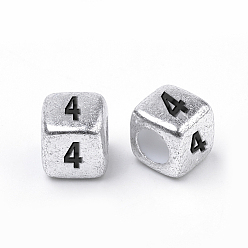 Number Perles acryliques antiques plaquées argent, cube avec numéro noir, num. 4, 6mm, Trou: 3mm, environ150000 pcs / 25000 g