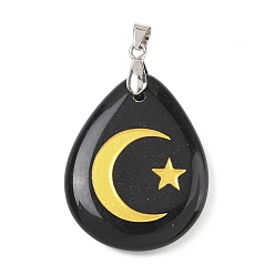 Обсидиан Природные подвески обсидиана, с реечной обшивкой латунными выводами, без кадмия и без свинца, подвеска в виде капли, луны и звезды, 31x25x5~7 мм, отверстие : 4.5x4 мм