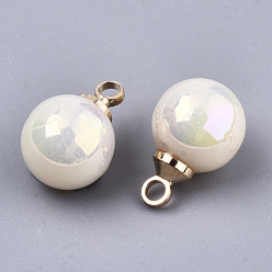 Beige Acrylic Imitation Pearl Pendants, with Light Gold Tone Brass Loop, AB Color Plated, Round, Beige, 12x8mm, Hole: 1.6mm