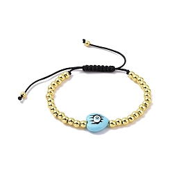 Sky Blue Enamel Evil Eye Heart & Brass Braided Bead Bracelet for Women, Cadmium Free & Lead Free, Sky Blue, Inner Diameter: 2~3-1/8 inch(5.05~8cm)