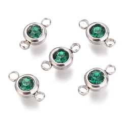 Lt.Emerald 304 Stainless Steel Rhinestone Links Connectors, Flat Round, Stainless Steel Color, Lt.Emerald, 12x6.5x4mm, Hole: 2mm