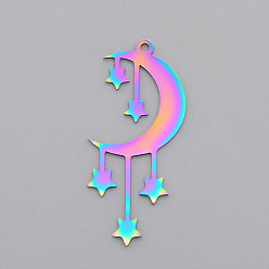 Rainbow Color Ion Plating(IP) 201 Stainless Steel Pendants, Laser Cut, Moon with Star, Rainbow Color, 41.5x18x1mm, Hole: 1.8mm