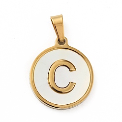 Letter C Vacuum Plating 304 Stainless Steel with White Shell Pendants, Golden, Flat Round with Letter Charm, Letter.C, 18x16x1.5mm, Hole: 3x6mm