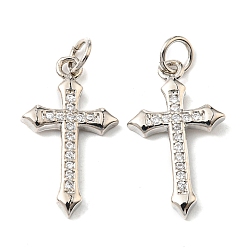 Платина Латунные микро проложить кубического циркония подвески, крестик, платина, 21x13x2 мм, отверстие : 3 мм