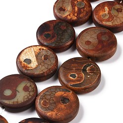 Chocolate Feng Shui Tibetan Style Yin Yang Pattern dZi Beads Strands, Natural Agate Beads, Dyed & Heated, Frosted, Flat Round with Yin and Yang, Chocolate, 29~30.5x9~10mm, Hole: 2mm, about 10pcs/strand, 14.2 inch