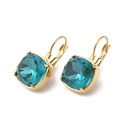 Dark Turquoise Glass Rectangle Leverback Earrings, Real 14K Gold Plated 304 Stainless Steel Jewelry, Dark Turquoise, 24x13.5x14mm, Pin: 0.8mm