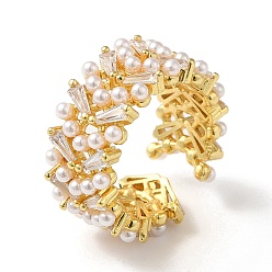 Real 18K Gold Plated Rack Plating Brass Micro Pave Clear Cubic Zirconia Open Cuff Rings, with ABS Imitation Pearl, Real 18K Gold Plated, US Size 6 1/2(16.9mm)