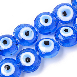 Blue Handmade Evil Eye Lampwork Beads Strands, Flat Round, Blue, 16~17x8~9mm, Hole: 1.8mm, about 24pcs/strand, 12.60''(32cm)