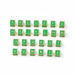 Lime Green Rack Plating Brass Enamel Beads, Cadmium Free & Nickel Free & Lead Free, Real 18K Gold Plated, Cube with Letter A`Z, Lime Green, 6x6x6mm, Hole: 2.5mm