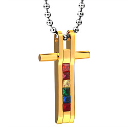 Golden Rainbow Color Pride Flag Rhinestone Cross Pendant Necklace with Titanium Steel Ball Chains for Women, Golden, 23.62 inch(60cm)