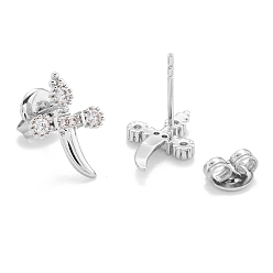 Platinum Brass Micro Pave Clear Cubic Zirconia Stud Earrings, with Ear Nuts, Long-Lasting Plated, Dagger, Platinum, 13.5x9.5x2mm, Pin: 0.4mm