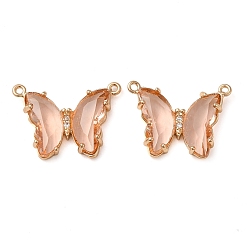 Light Salmon Brass Pave Faceted Glass Connector Charms, Golden Tone Butterfly Links, Light Salmon, 17.5x23x5mm, Hole: 0.9mm