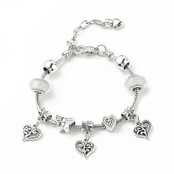 White Alloy Heart Charm European Bracelet with Snake Chains, Plastic Round & Butterfly Beaded Bracelet for Women, White, 7.87 inch(20cm)