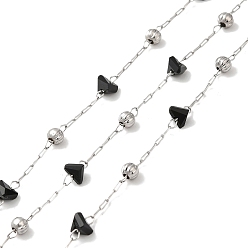 Stainless Steel Color Black Glass Faceted Triangle Beaded Chains, with 304 Stainless Steel Satellite Chains, Soldered, with Spool, Stainless Steel Color, 2x0.8x0.1mm, 3x4x3.5mm, 2x1.5x0.1mm