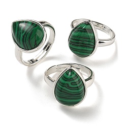 Малахит Регулируемые кольца из синтетического малахита в форме капли, без свинца и без кадмия, посеребренные латунные перстни для женщин и мужчин, слеза: 18.5x14 мм, внутренний диаметр: 18 мм