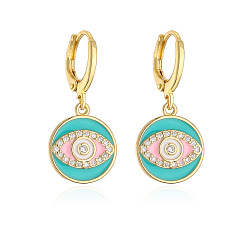 43046 Bohemian-style 18K gold-plated copper drop earrings with oil drip and evil eye zircon stones for women.