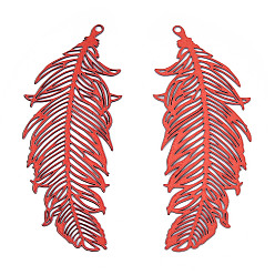 FireBrick Ion Plating(IP) 201 Stainless Steel Filigree Pendants, Etched Metal Embellishments, Feather, FireBrick, 47x19x0.3mm, Hole: 1.2mm