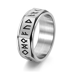 Stainless Steel Color Rune Words Viking Amulet Titanium Steel Rotating Finger Ring, Fidget Spinner Ring for Calming Worry Meditation, Stainless Steel Color, US Size 6(16.5mm)