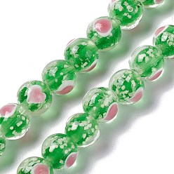 Lime Green Handmade Lampwork Beads Strand, Luminous, Glow in the Dark, Round with Heart, Lime Green, 10x9.5mm, Hole: 2mm, about 40pcs/strand, 14.76''(37.5cm)