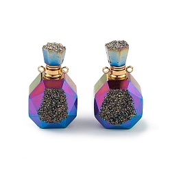 Rainbow Plated Electroplated Natural Druzy Agate Openable Perfume Bottle Pendants, Faceted Perfume Bottle Charms, with Golden Tone Brass Findings, Rainbow Plated, 35~37.5x20x13.5~14.5mm, Hole: 1.8mm
