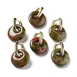 Унакит Латунные серьги обруча, с натуральным Unakite, долговечный, без кадмия и без свинца, пончик / пи-диск, 27 мм