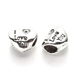 Antique Silver Tibetan Style Alloy European Beads, Large Hole Beads for Valentine's Day, Lead Free, Word with I Love You, Heart with Word, Antique Silver, 10.5x11.5x7mm, Hole: 4.5mm, about 410pcs/1000g
