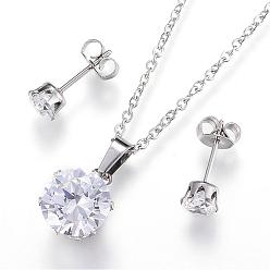Stainless Steel Color 304 Stainless Steel Jewelry Sets, Pendant Necklaces and Stud Earrings, with Cubic Zirconia, Flat Round, Stainless Steel Color, 17.7 inch(45cm), 5mm, Pin: 0.8mm