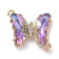 Medium Purple Glass Links Connectors, with Brass Micro Pave Cubic Zirconia, Faceted, Butterfly, Light Gold, Medium Purple, 20x20x4mm, Hole: 1.5mm