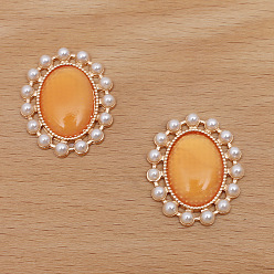 Orange Retro Alloy Cabochons, with Imitation Cat Eye and Pearl, Oval, Light Gold, Orange, 28x23mm