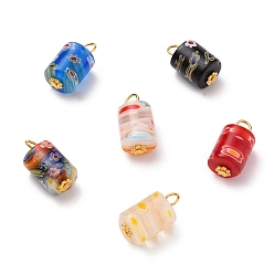 Mixed Color Column Handmade Millefiori Glass Lampwork Charms, with Iron Flat Head Pins and Alloy Spacer Beads, Mixed Color, 17x19.5mm, Hole: 3mm