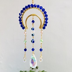Blue Wire Wrapped Glass & Matal Moon Pendant Decorations, Car Hanging Suncatchers, with Iron Findings and Evil Eye Beads, Blue, 230mm