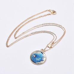 Deep Sky Blue Pendant Double Layered Necklaces, with Alloy Enamel Pendants, Brass Findings and Cardboard Jewelry Set Boxes, Flat Round with Moon and Star, Real 18K Gold Plated, Deep Sky Blue, 15.94 inch(40.5cm)